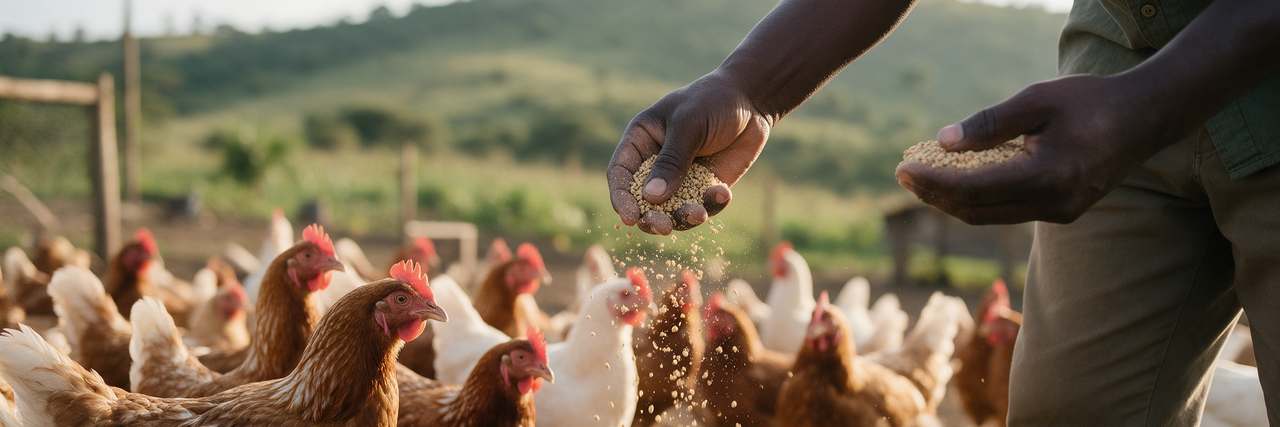 A farmer's hands scattering feed to hens on a Kenyan farm